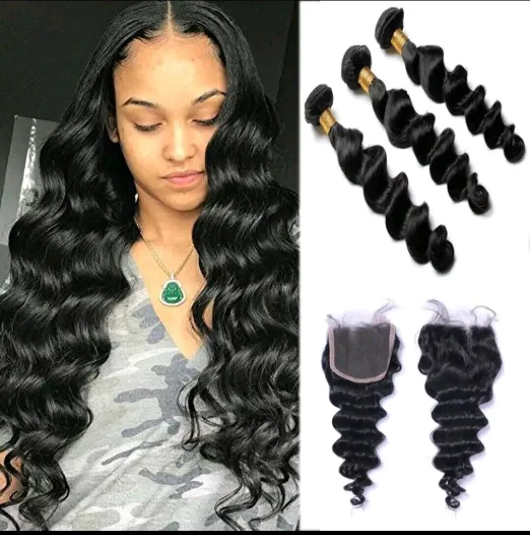 12A BRAZILIAN VIRGIN HUMAN HAIR DEEP LOOSE WAVE 18+18+18&16INCH CLOSURE 350g 1B#