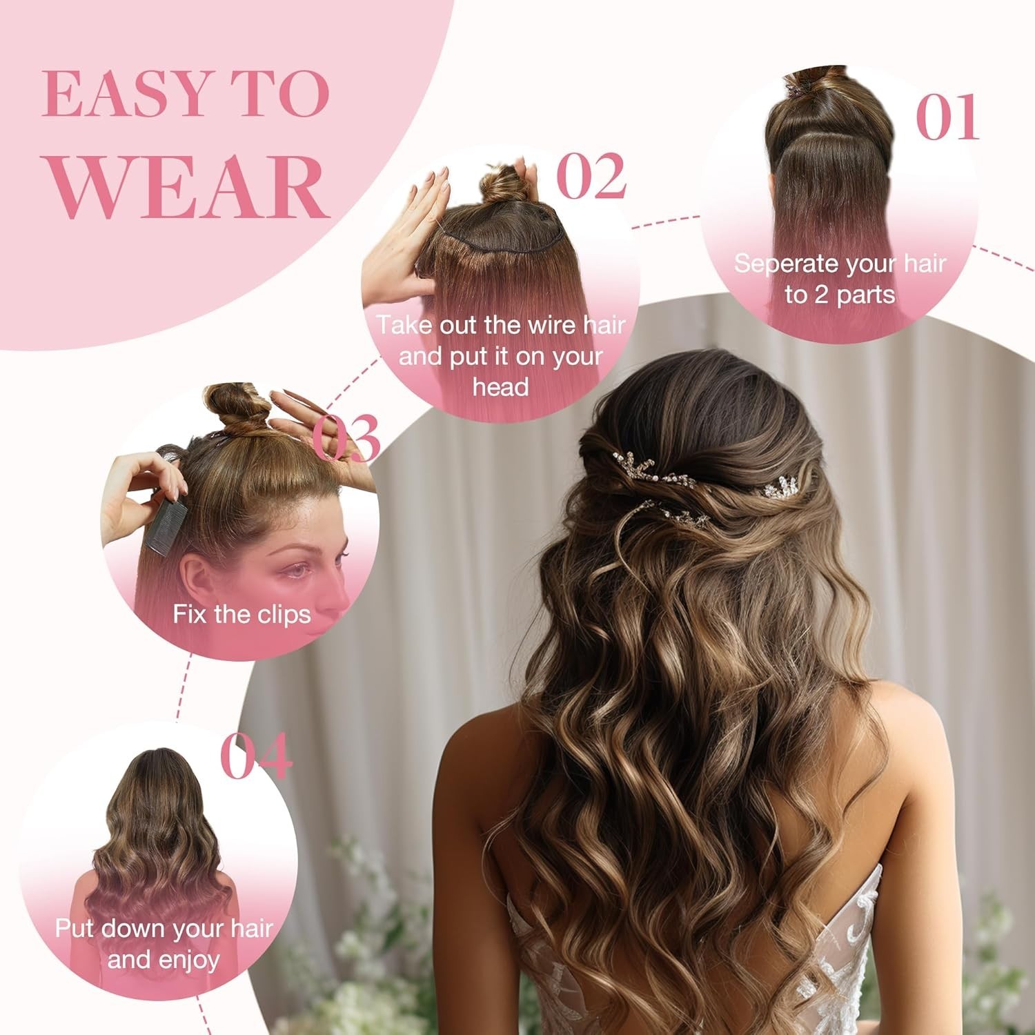 GOO GOO Wire Hair Extensions Human Hair 16in 125g Balayage Black Brown Invisible