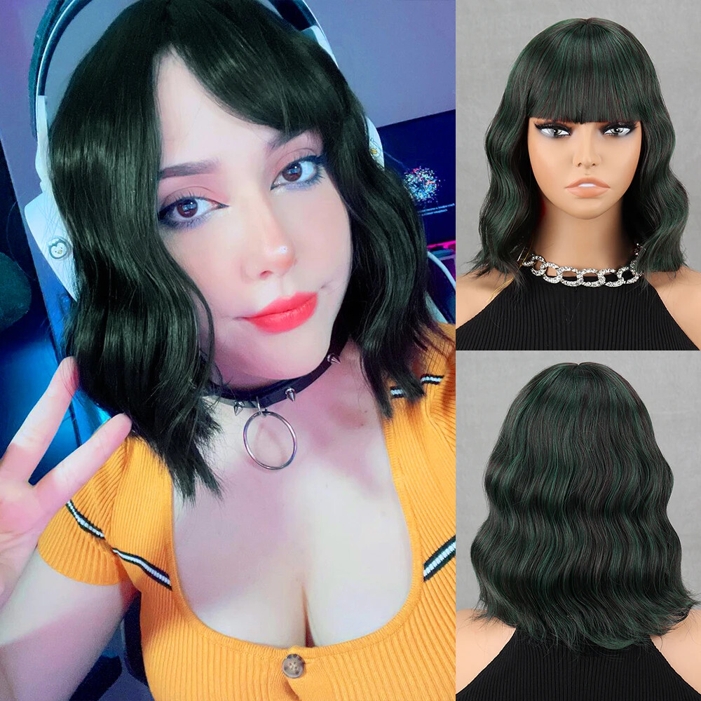 New Short Brown Synthetic Wig Women’s Bangs Dark Blue Pink Black Wig Party Use