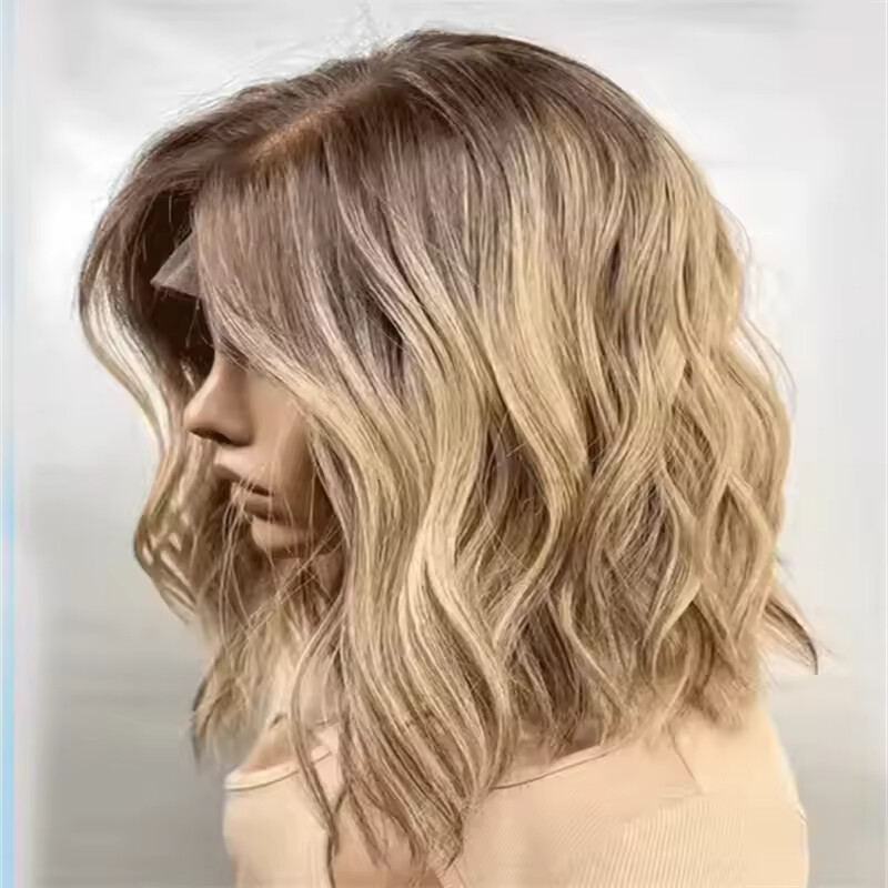 Short Wave Ombre Dirty Blonde Lace Front Wigs 100% Human Hair Wigs Dark Roots