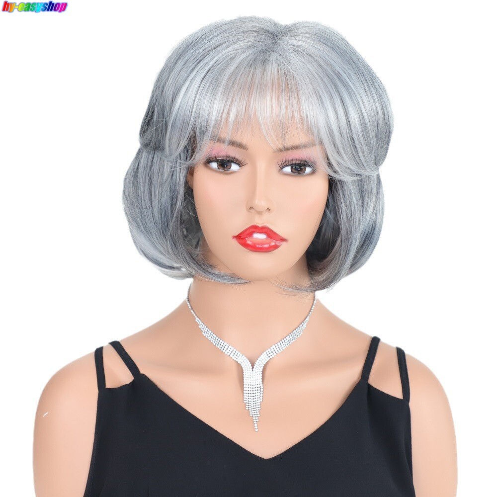 Short Straight Gray Wigs For Quinquagenarain Women Synthetic Wigs For Daily Use
