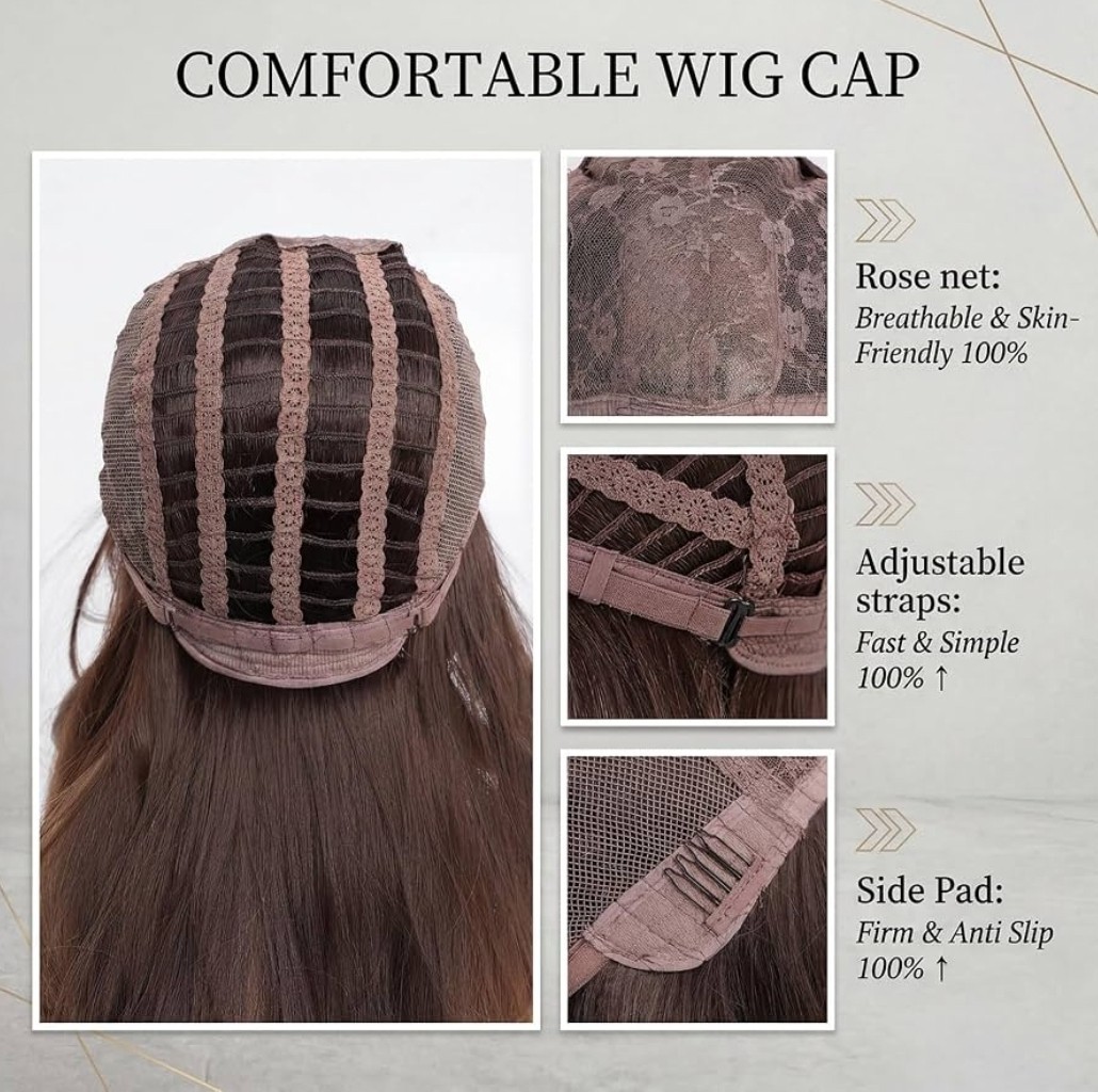 Wig – Human Hair Blend – Long Straight Body Wave Brown Bangs Heat Resistant