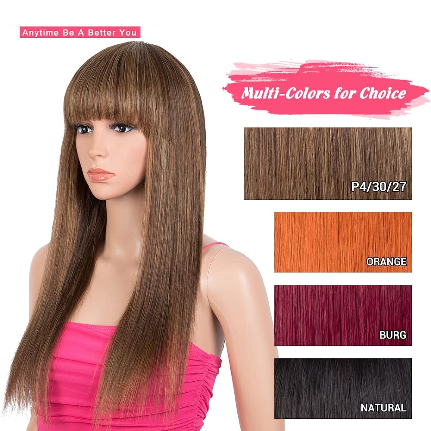 22 Inch Ombre Brown Straight Wig with Bangs, Glueless, Brazilian Virgin Hair