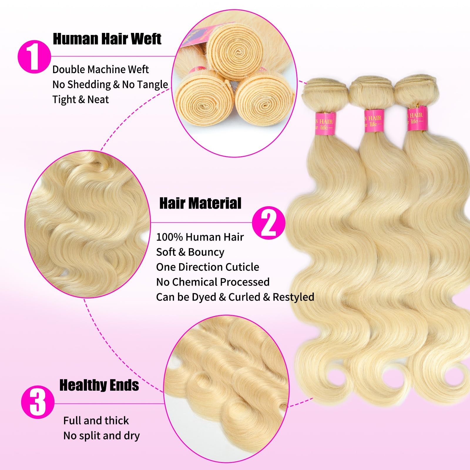 613 Body Wave Blonde Hair Extensions 18 20 22 Inch 100% Human Hair Bundles, No S