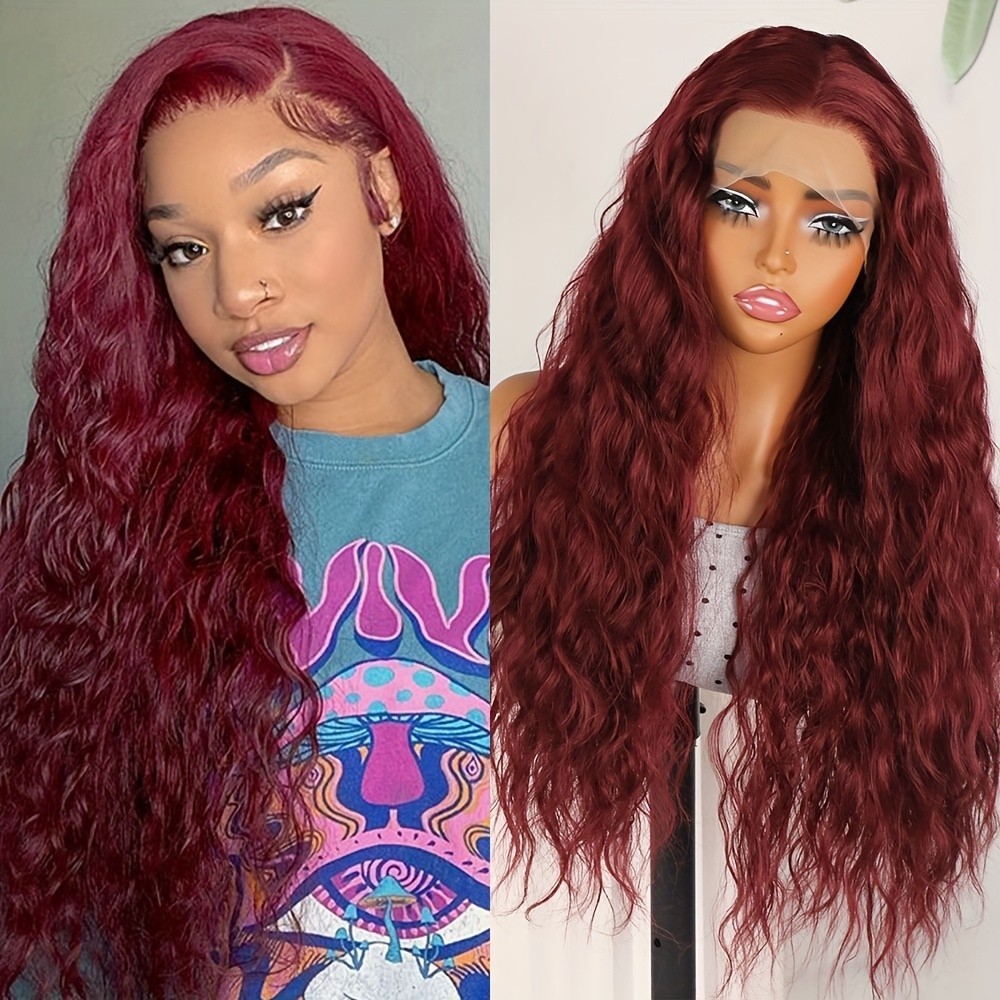 Long Water Wave Wig Synthetic Lace Front Wigs Burgundy Hair Pre Plucked Hairline