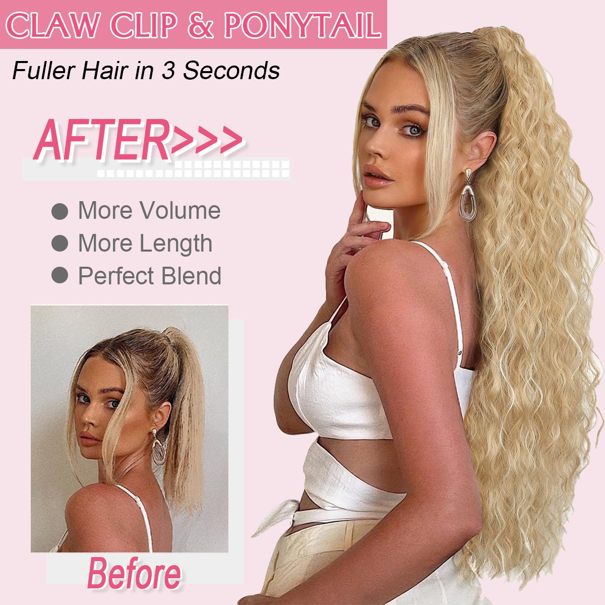 Ponytail Extension Claw on Clip in Curly Wavy Synthetic Hair One Piece 30″ Thick