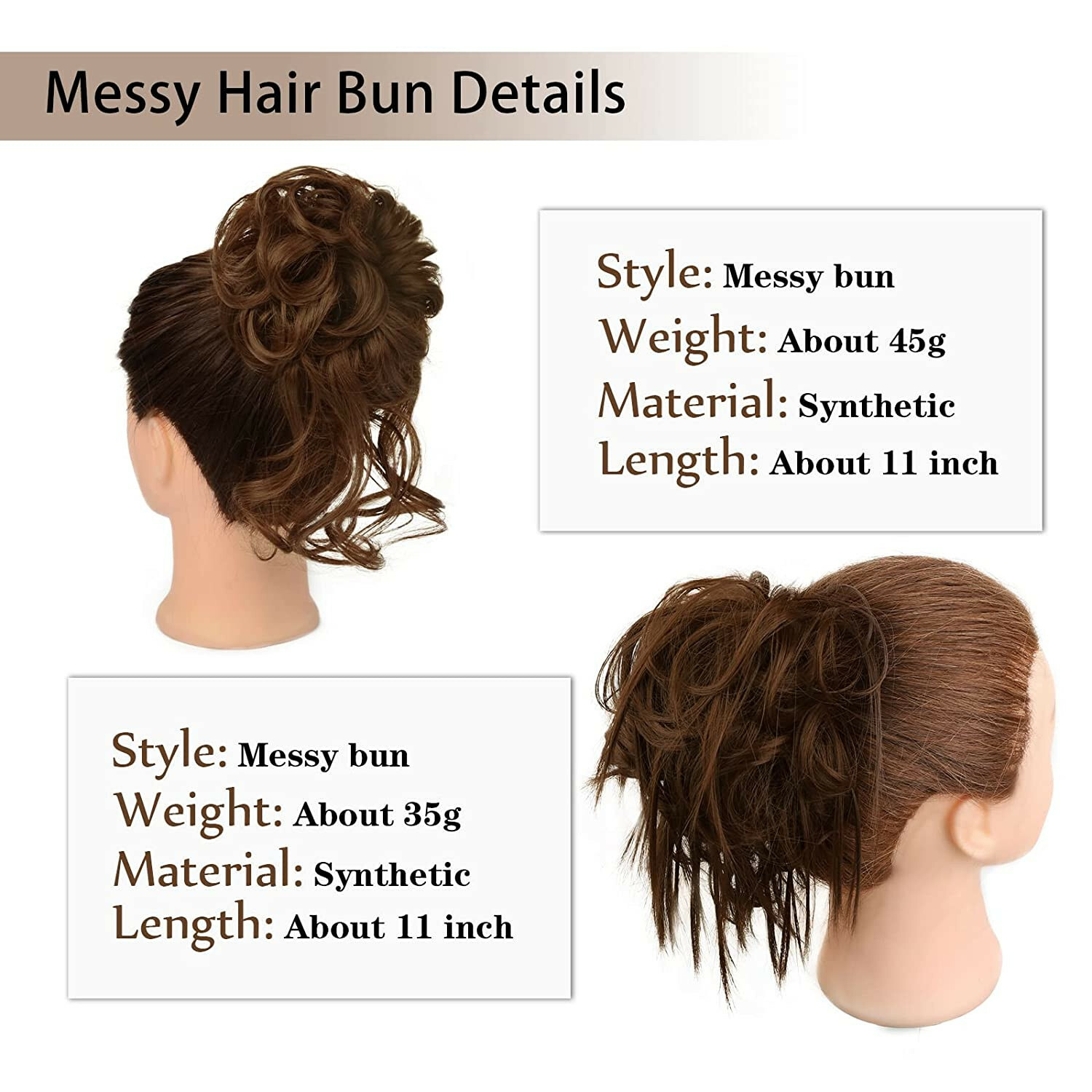 4 pk Messy Hair Bun straight ponytail tousled scrunchies women girl 12# LG brown