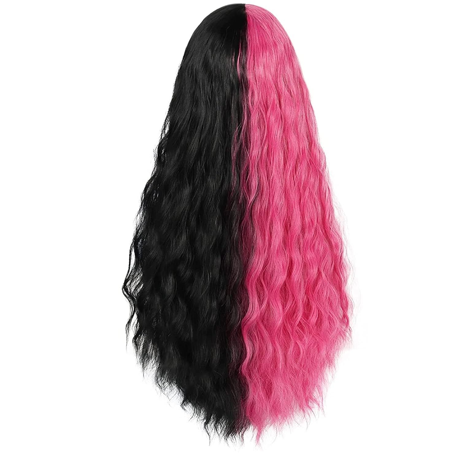Gorro Para El Cabello+peluca Mitad Rosa Mitad Negra Peluca Ondulada De Cuerp…