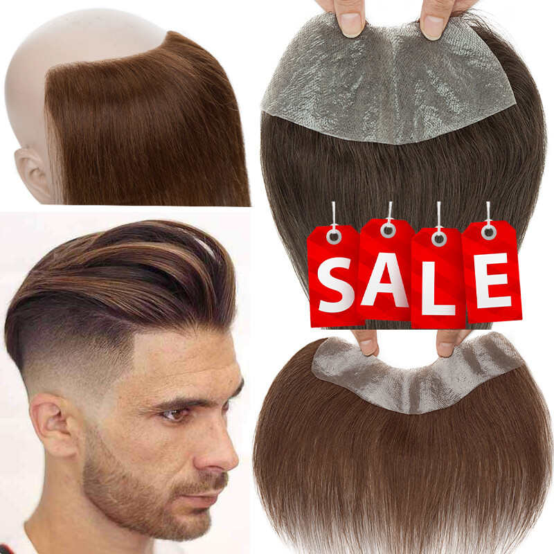 Brown Remy Hairline Toupee Human Hair Replacement Forehead System Mens Hairpiece