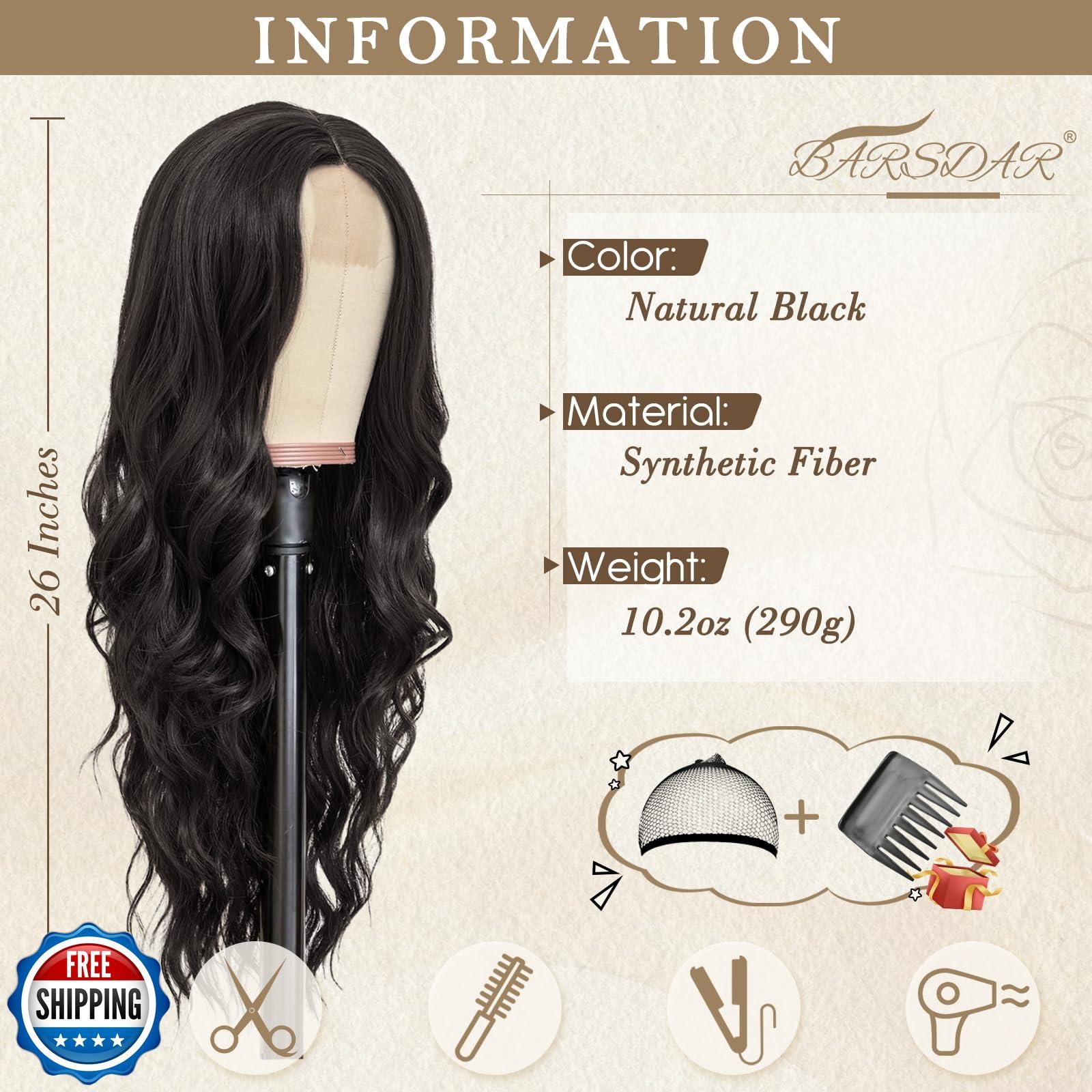 BARSDAR Long Wavy Black Wig – Long Wavy Middle Part Black Wig for Women – 26