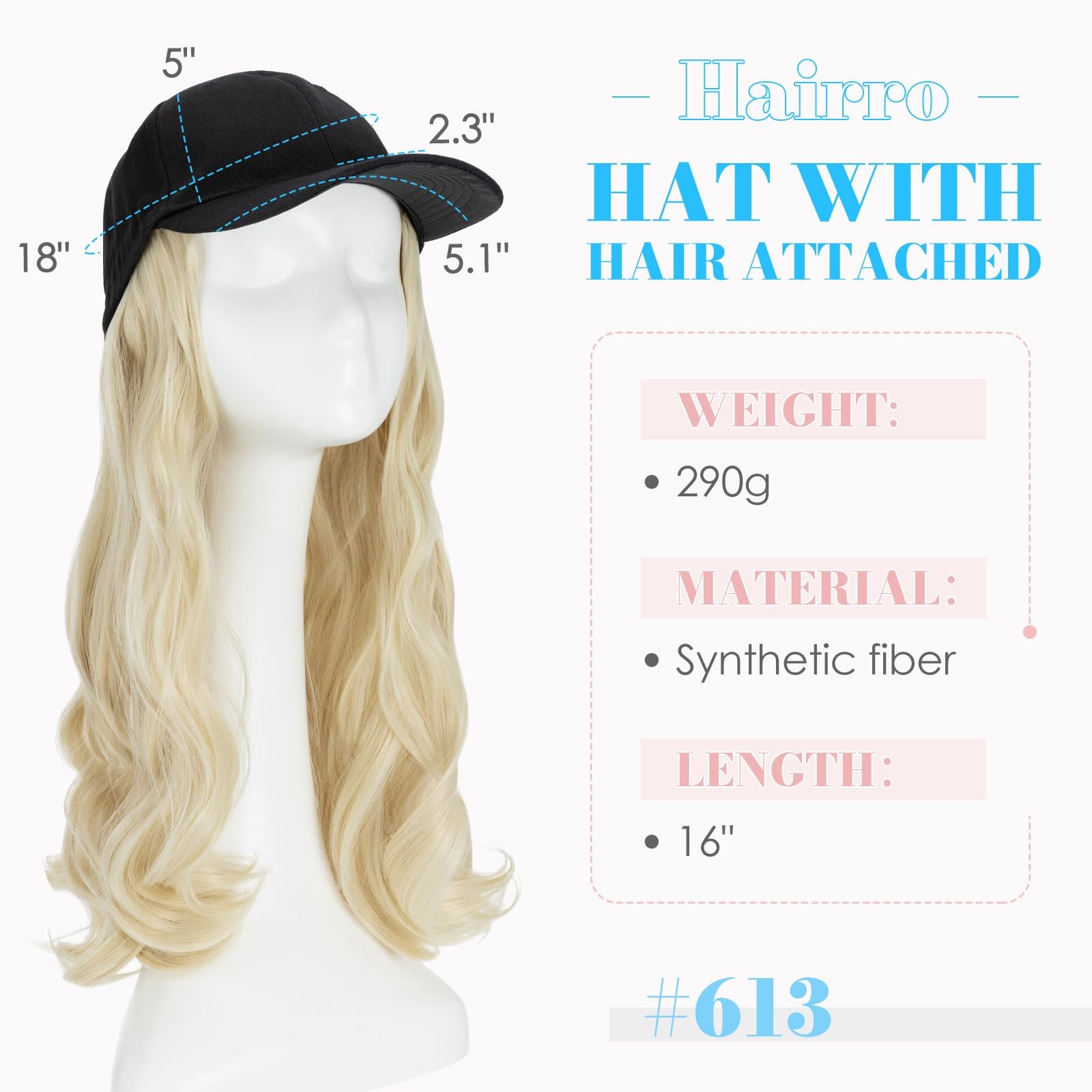 Hairro Baseball Hat Hair Attached For Women Synthetic Adjustable Cap Wig 290G