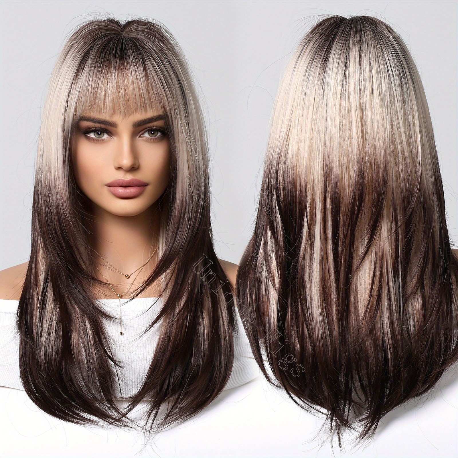 22 Inch Ombre Long Straight Wig Women’s Synthetic Hair Matte Finish Rose Net Cap