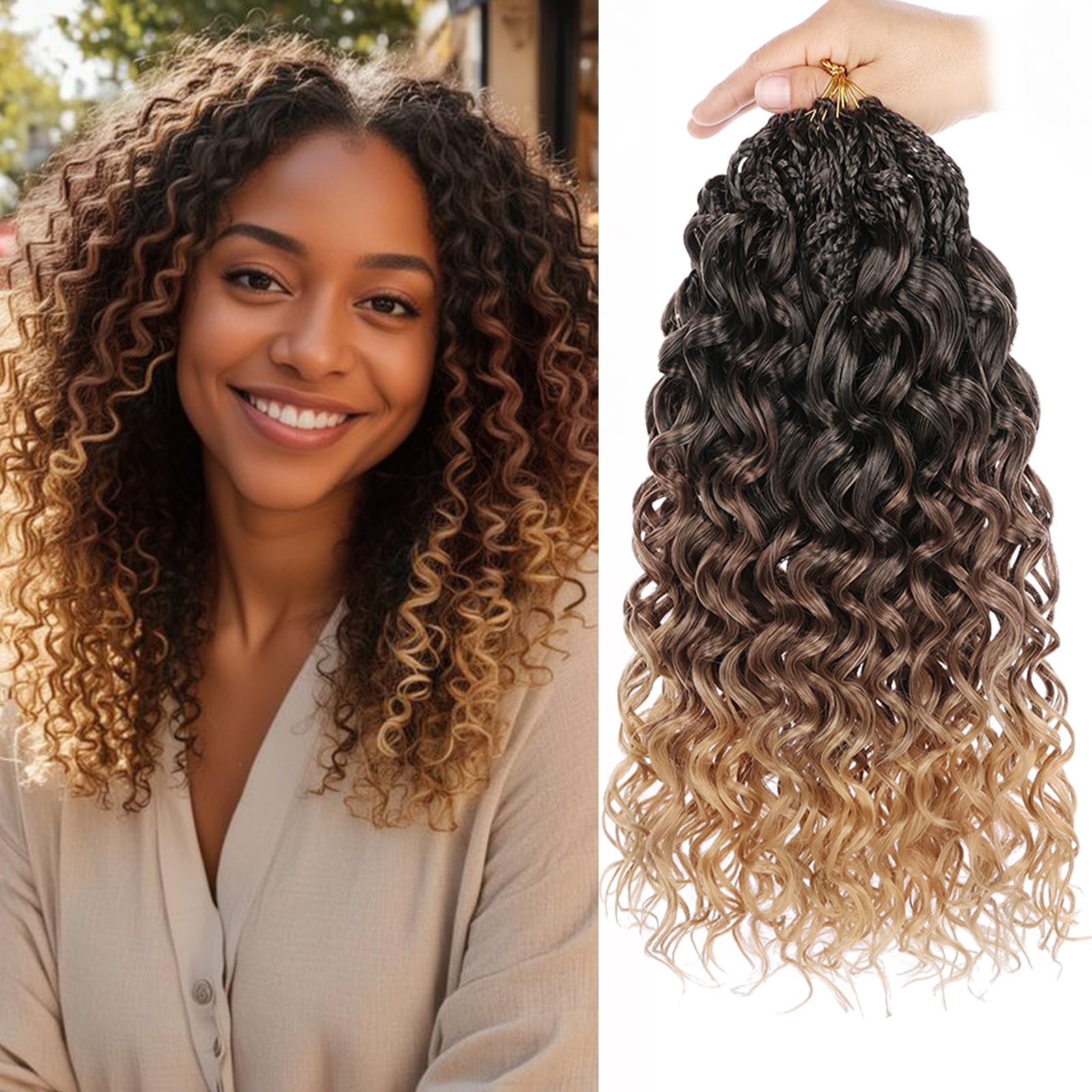 Gogo Curl Crochet Hair 14 Inch 8 Packs Ombre Brown to Honey Blonde Ocean Wave…