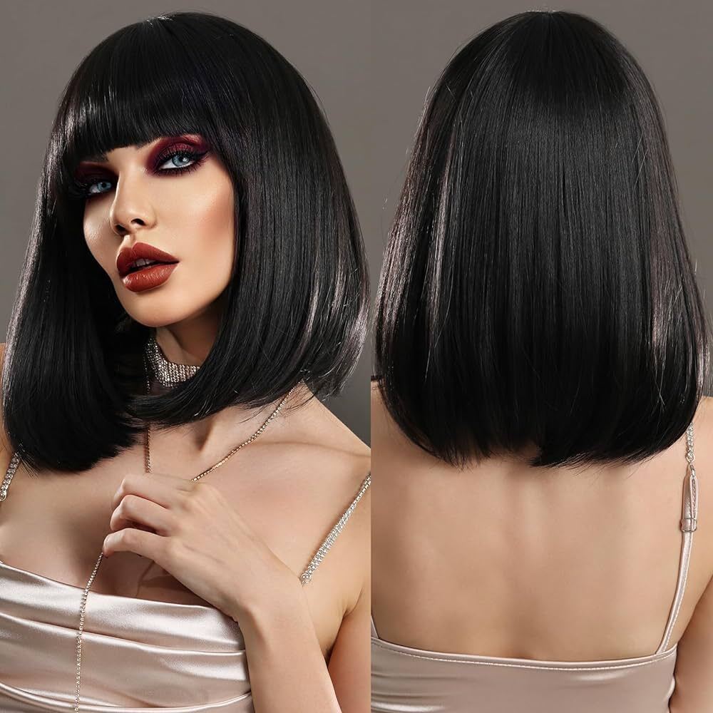 Women’s Black Bob Wig Short Straight Synthetic Fiber Hair Full Bangs Cosplay Wig