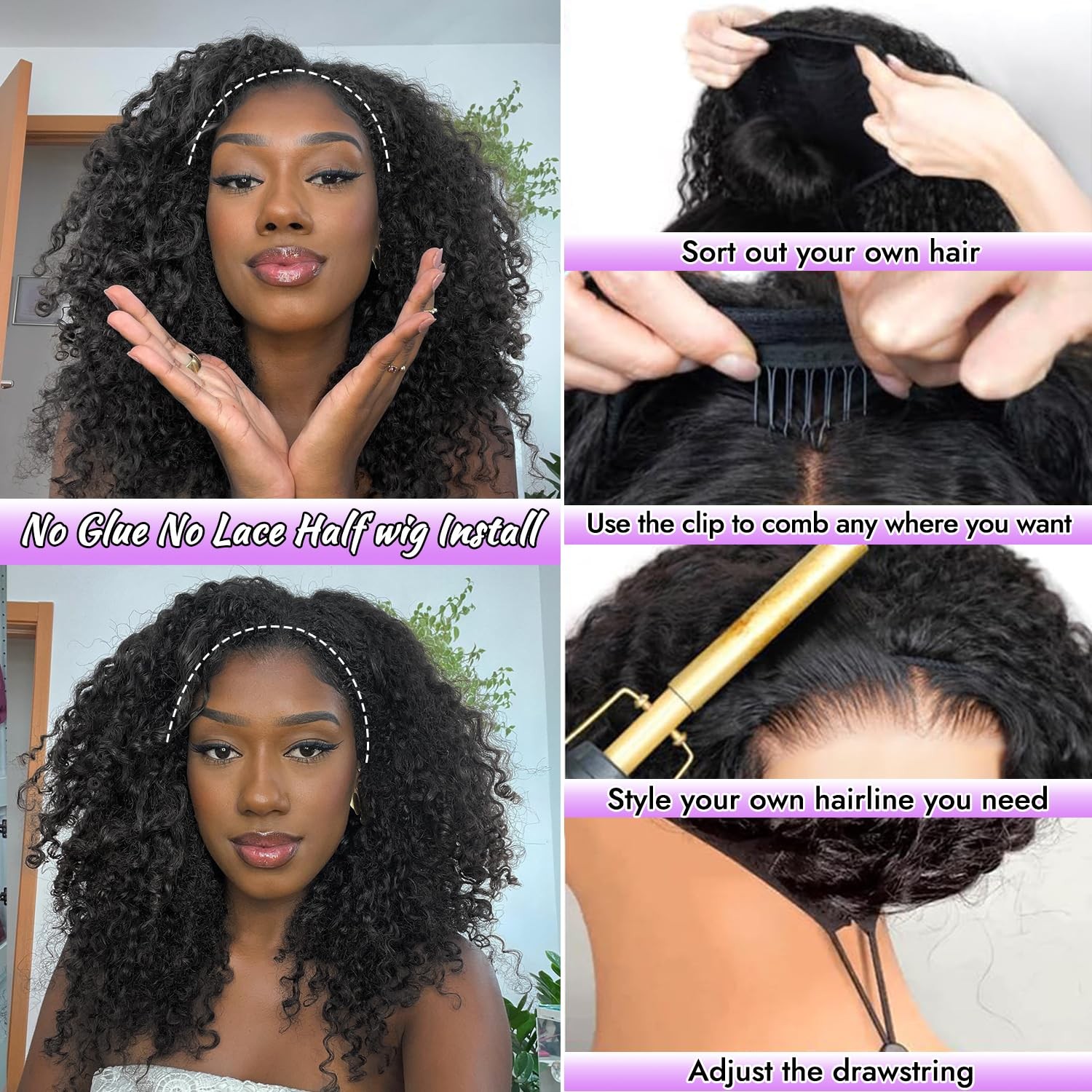 20 Inch Kinky Curly Half Wig, 3-in-1 Upgrade Synthetic Half Wig with Drawstri…