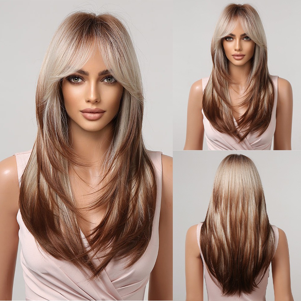 Long Straight Layered Cut Brown Blonde Dark Red Black Synthetic Hair Wigs Soft