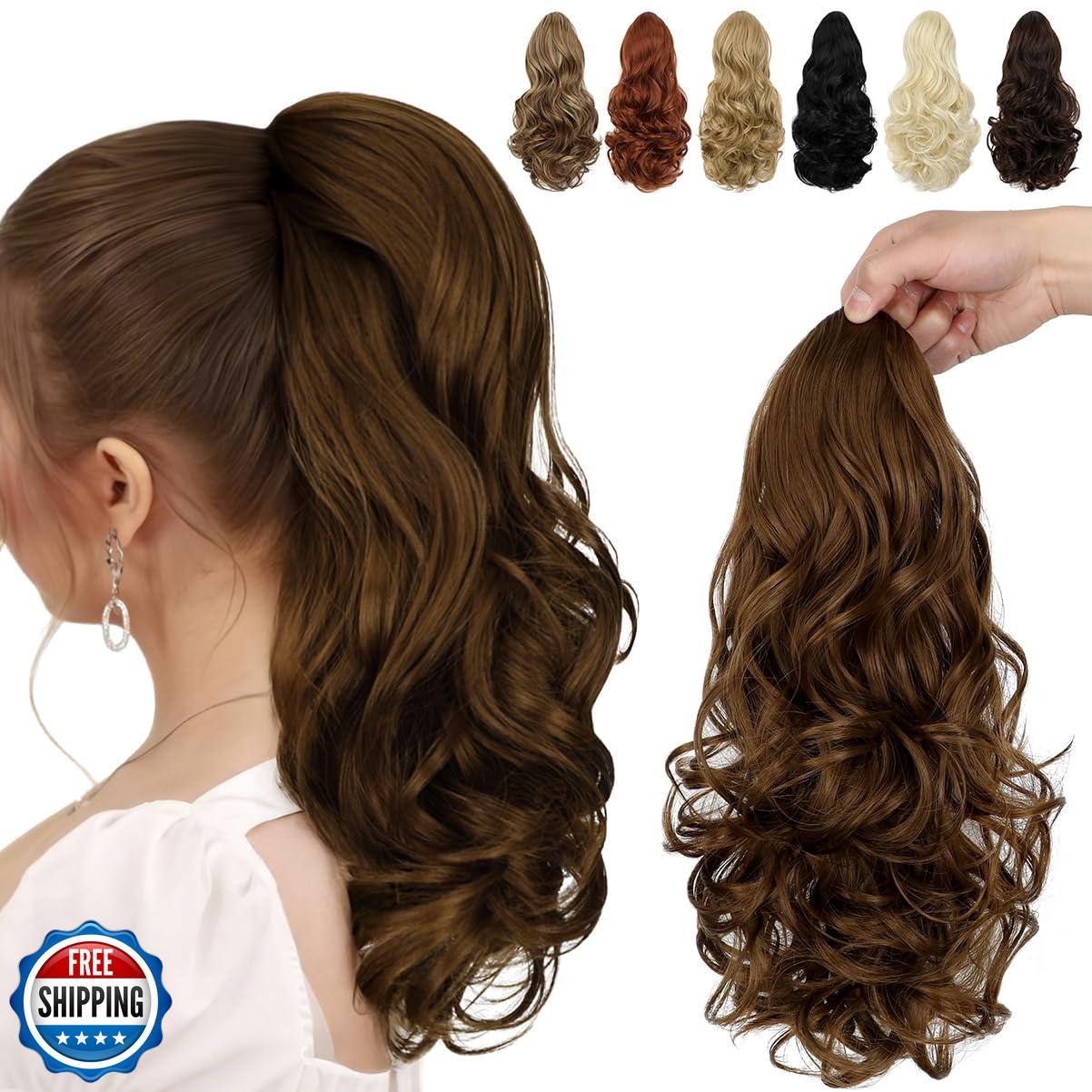 FELENDY Ponytail Extension, 15″ Drawstring Ponytail Hair Extensions Long Wavy