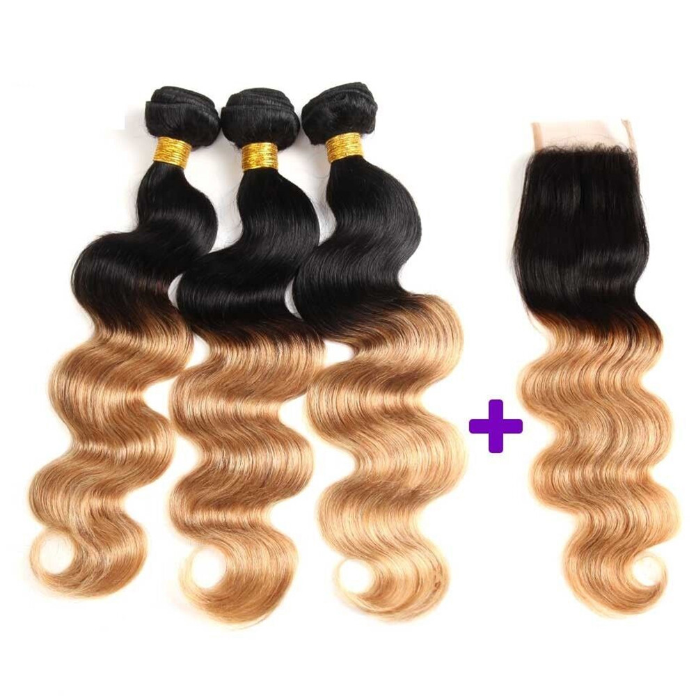 Body Wave 3 Bundles With Closure 1B/27 color Human Hair 100g/Bundle