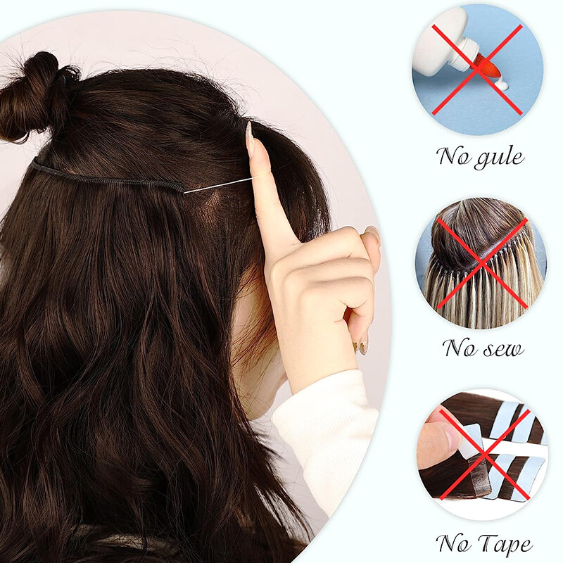 Invisible Ring Clip in Wire Fish Line Weft Remy Human Hair Extensions Hairpiece