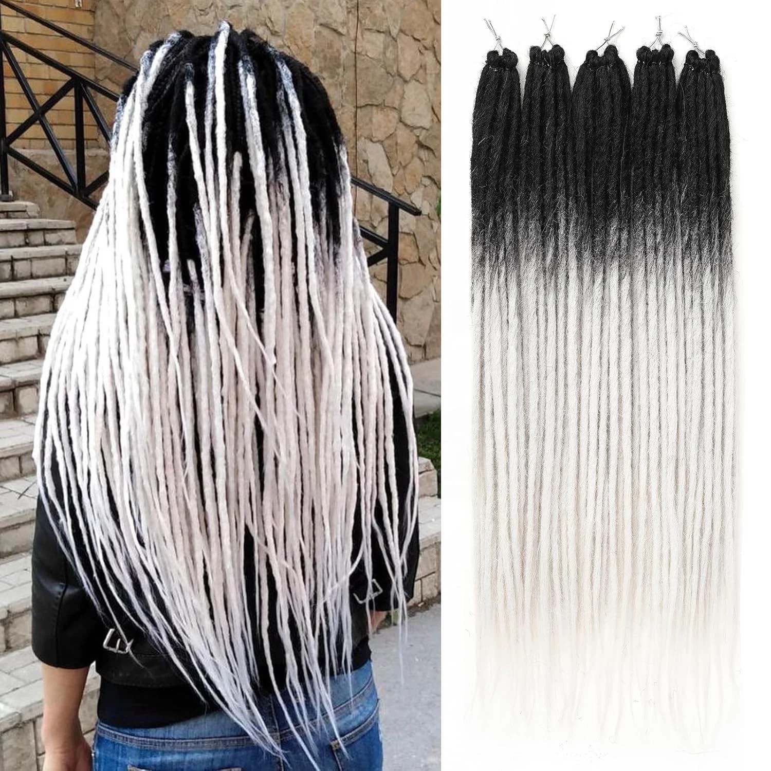 20 Strands Synthetic Dreadlock Extensions 24 Inch Black to White Single Ended…