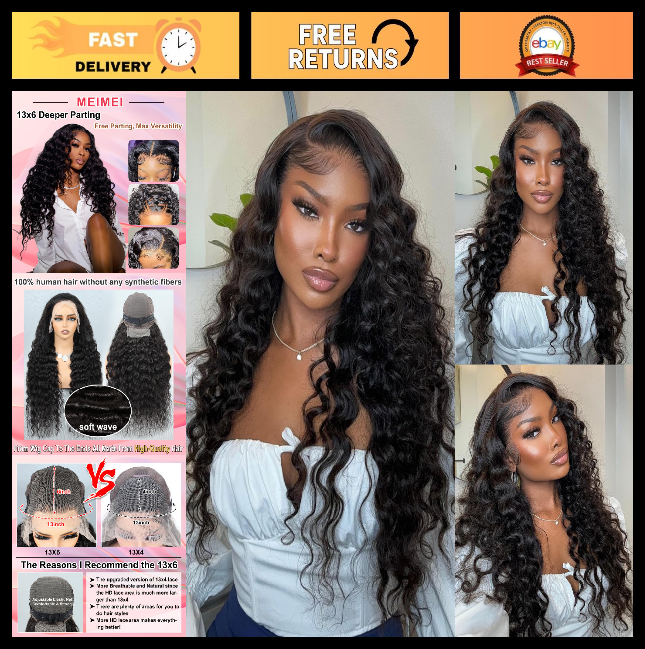 28″ 13×6 Loose Wave HD Lace Front Wig – 200% Density Real Human Hair, Pre-Plucke
