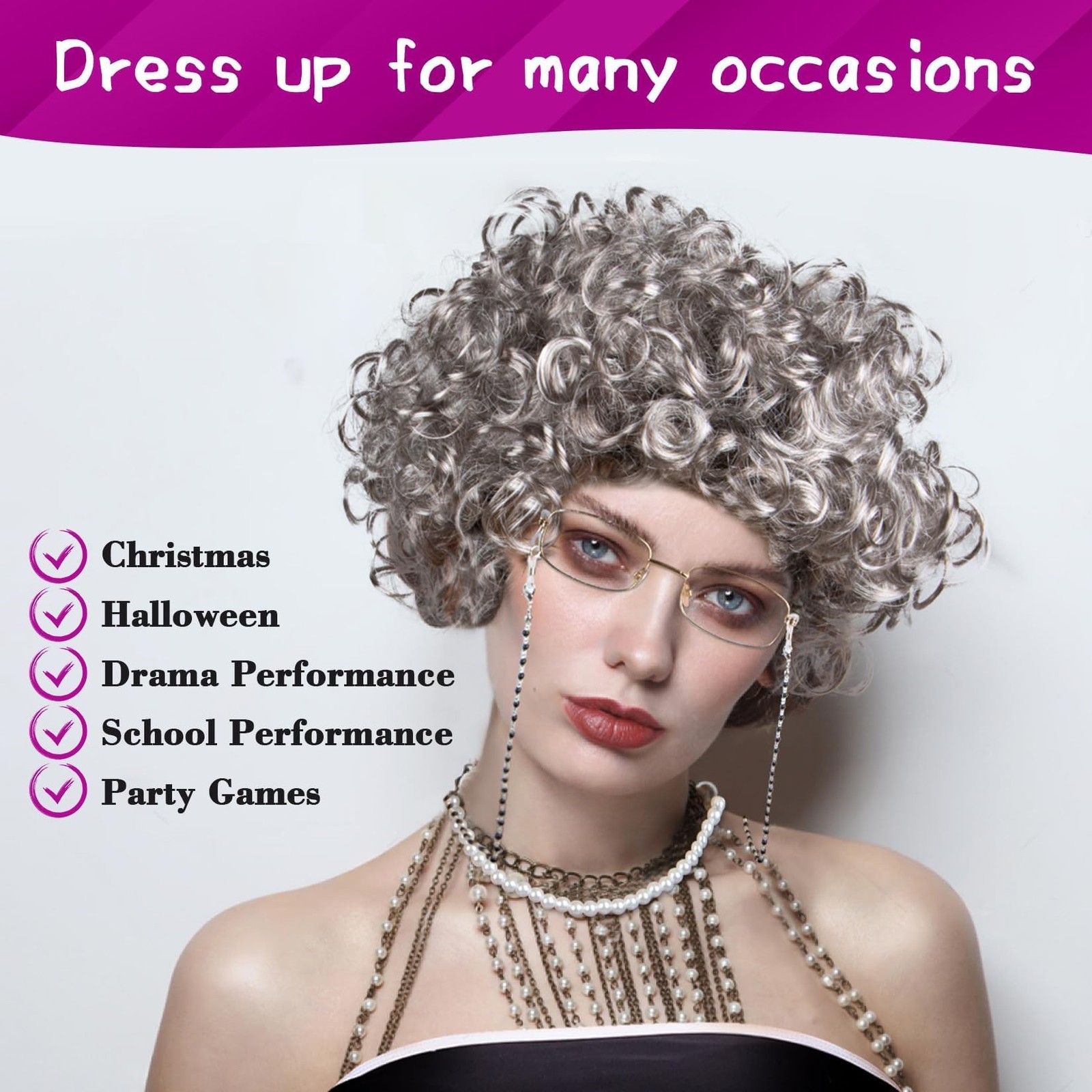 Granny Wig Old Lady Costume Set Elderly Woman Accessories Fun Wigs Light Gray