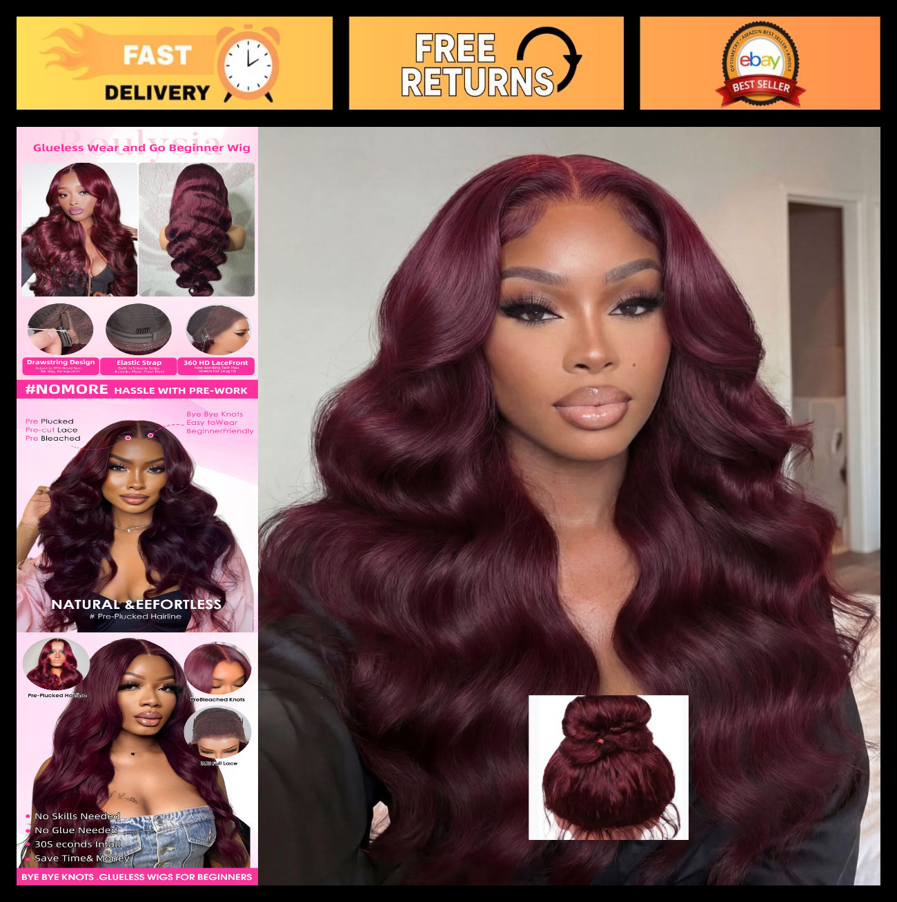 24″ Black Cherry Body Wave 360 Lace Front Wig – Human Hair, 200% Density, Gluele