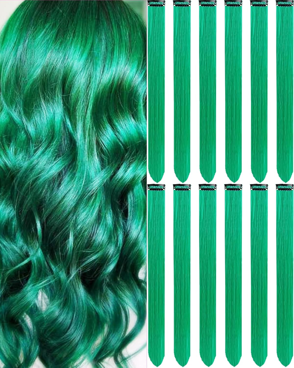 12 PCS Dark Green Clip-In Straight Hair Extensions, 20 Inch Colored Party Synthe