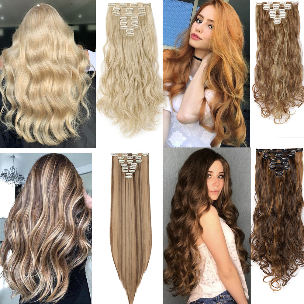 Thick 8Pcs 18Clips Clip in Full Head Hair Extensions Curly Straight For Woman US