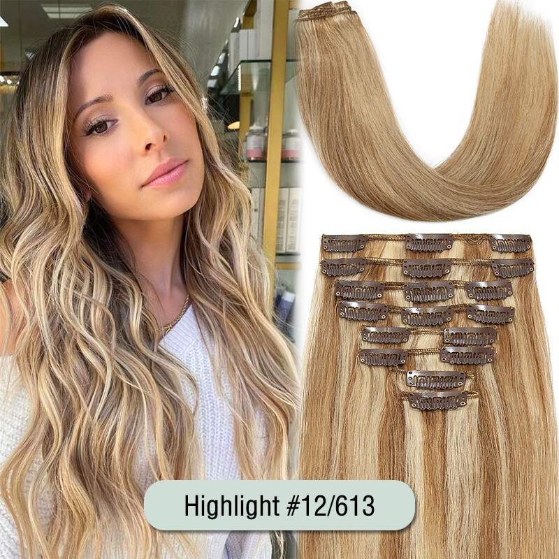 8-24Inch Clip In Extensions 100% Real Remy Human Hair 8Pieces Full Head Lowlight