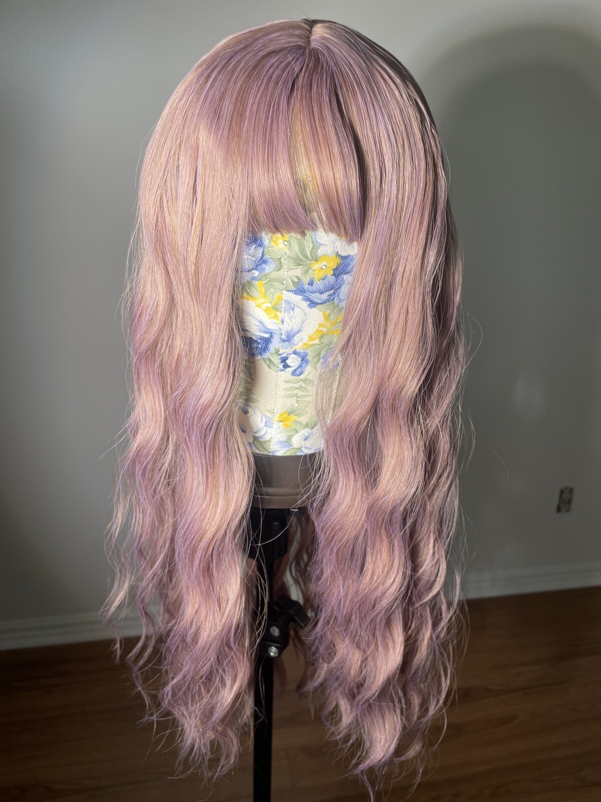 wig, Cosplay 26” Lilac Pink Rose Gold, Synthetic, Bangs, Straight Wavy