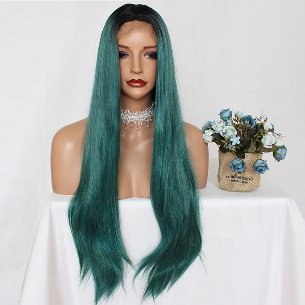 Ombre Green Color Long Synthetic Lace Front Wig Full Hair Wig Straight Heat Safe