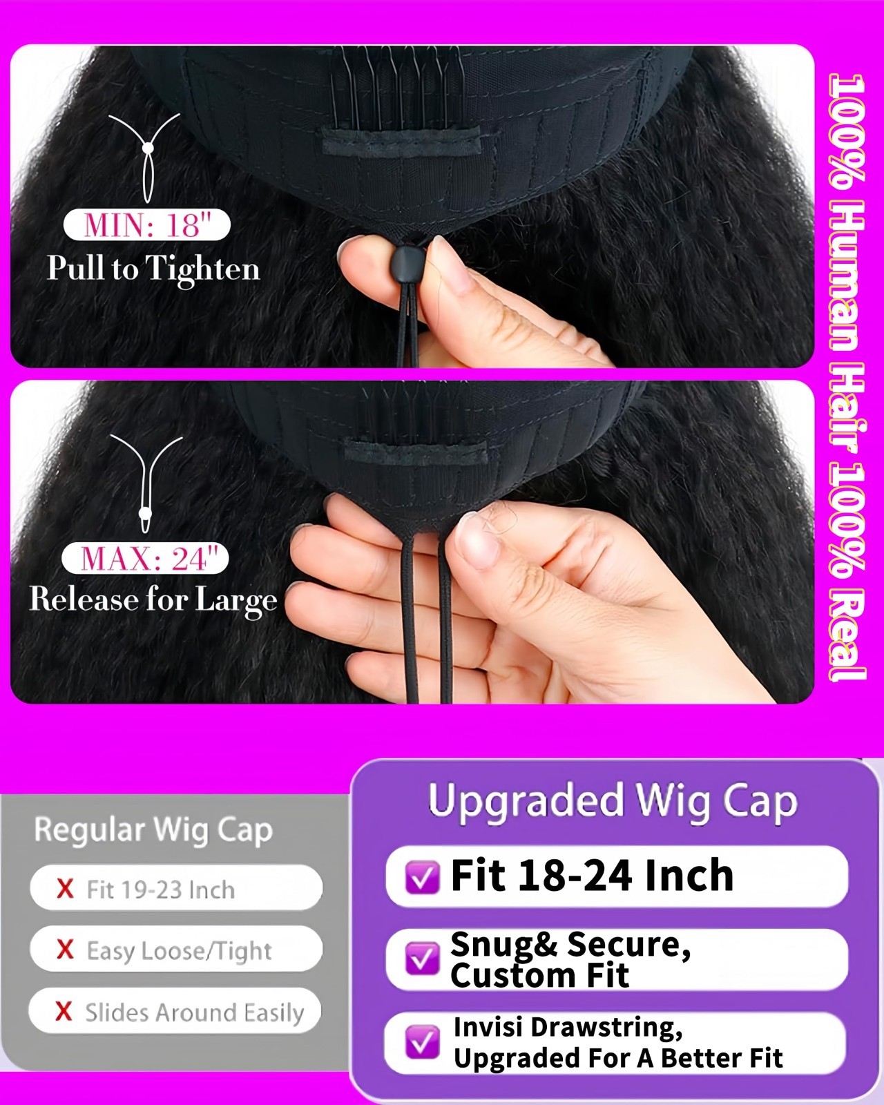 22″ V Part Kinky Straight Human Hair Wig – 200% Density, Glueless, Clip-In, Natu