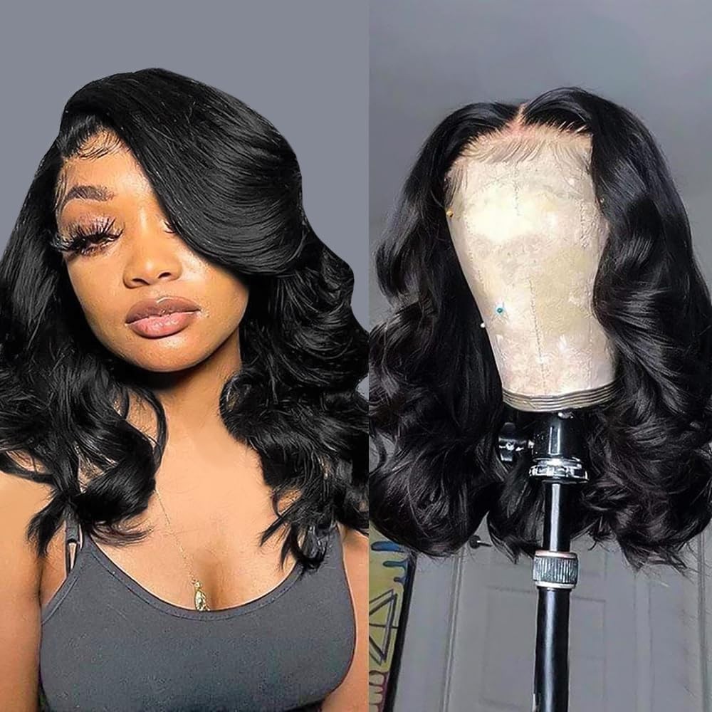 14″ Brazilian Bob Wigs Human Hair Natural Black Wave Lace Front Glueless Wigs