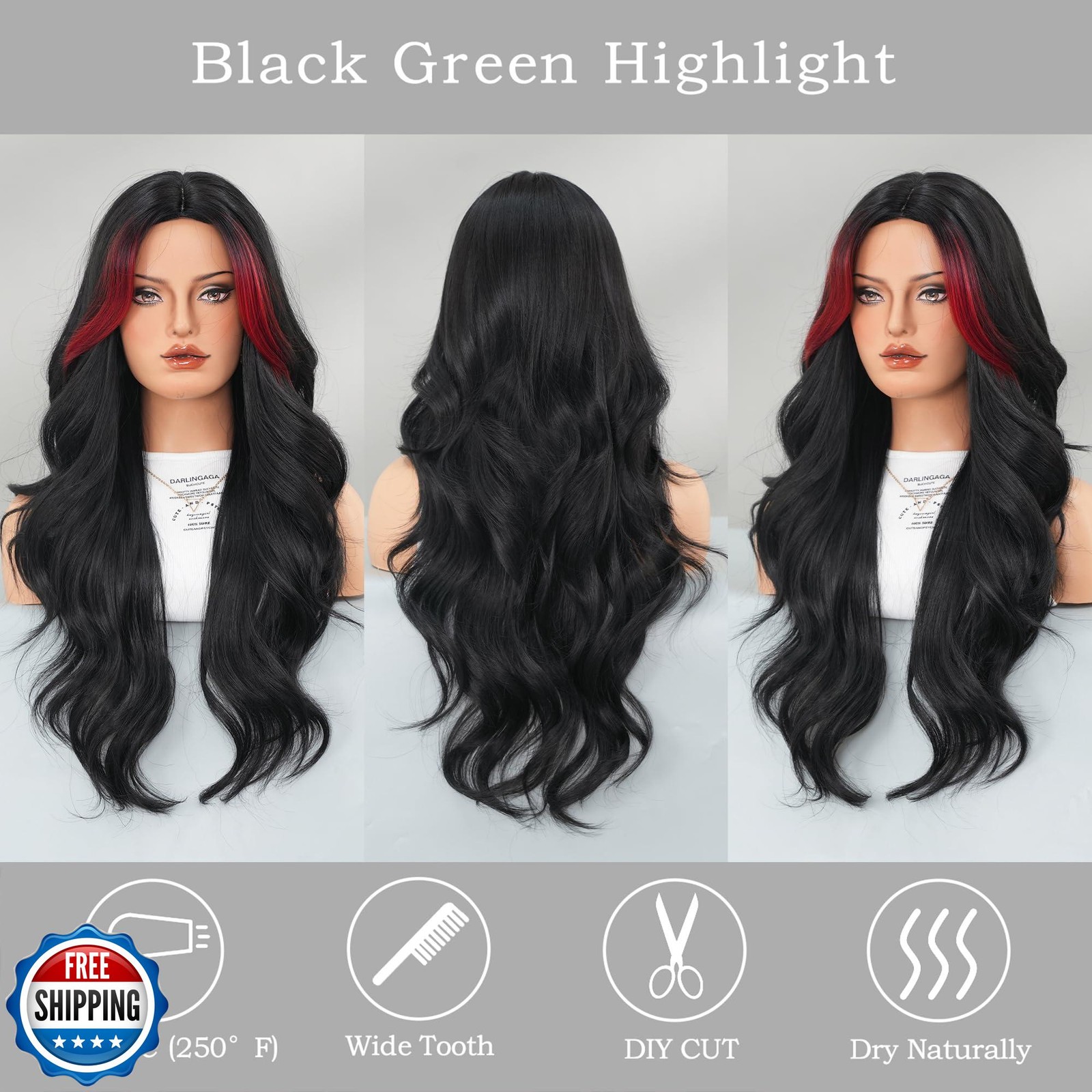 TRUMOST Red and Black Wig For Women Highlight Long Wavy Wig with Curtain Bang