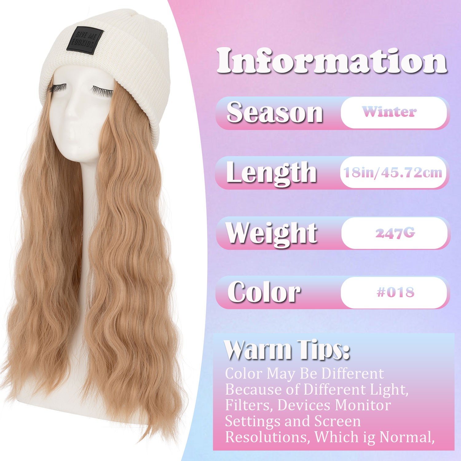 Winter Synthetic Women Long Wavy Beanie Knitted Hat Wig with Synthetic Hair Wigs