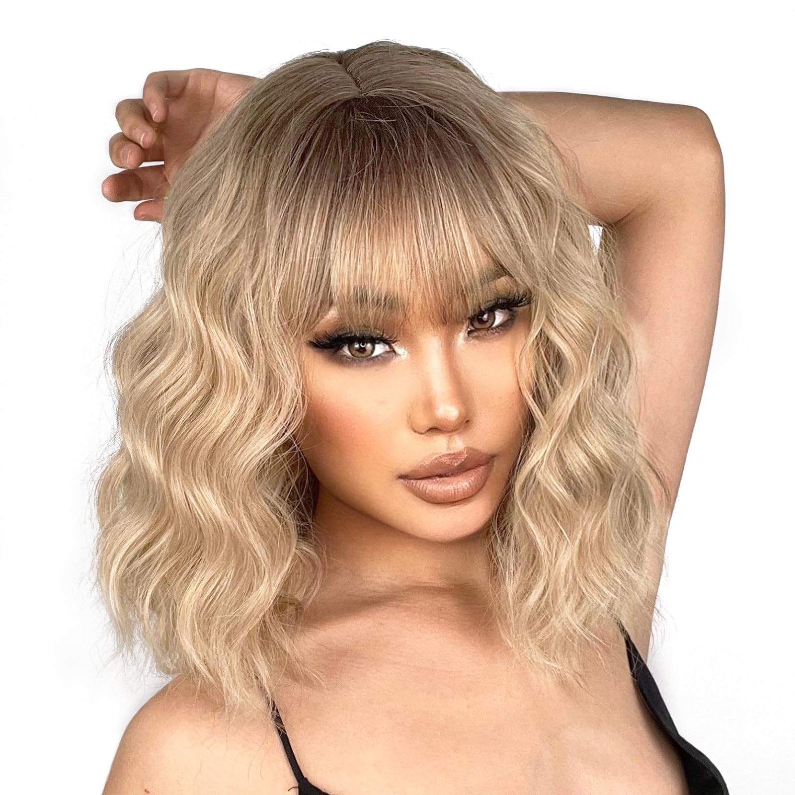 Blonde Wig with Bangs Synthetic Short Blonde Wigs for Women Dirty Blonde Wavy…