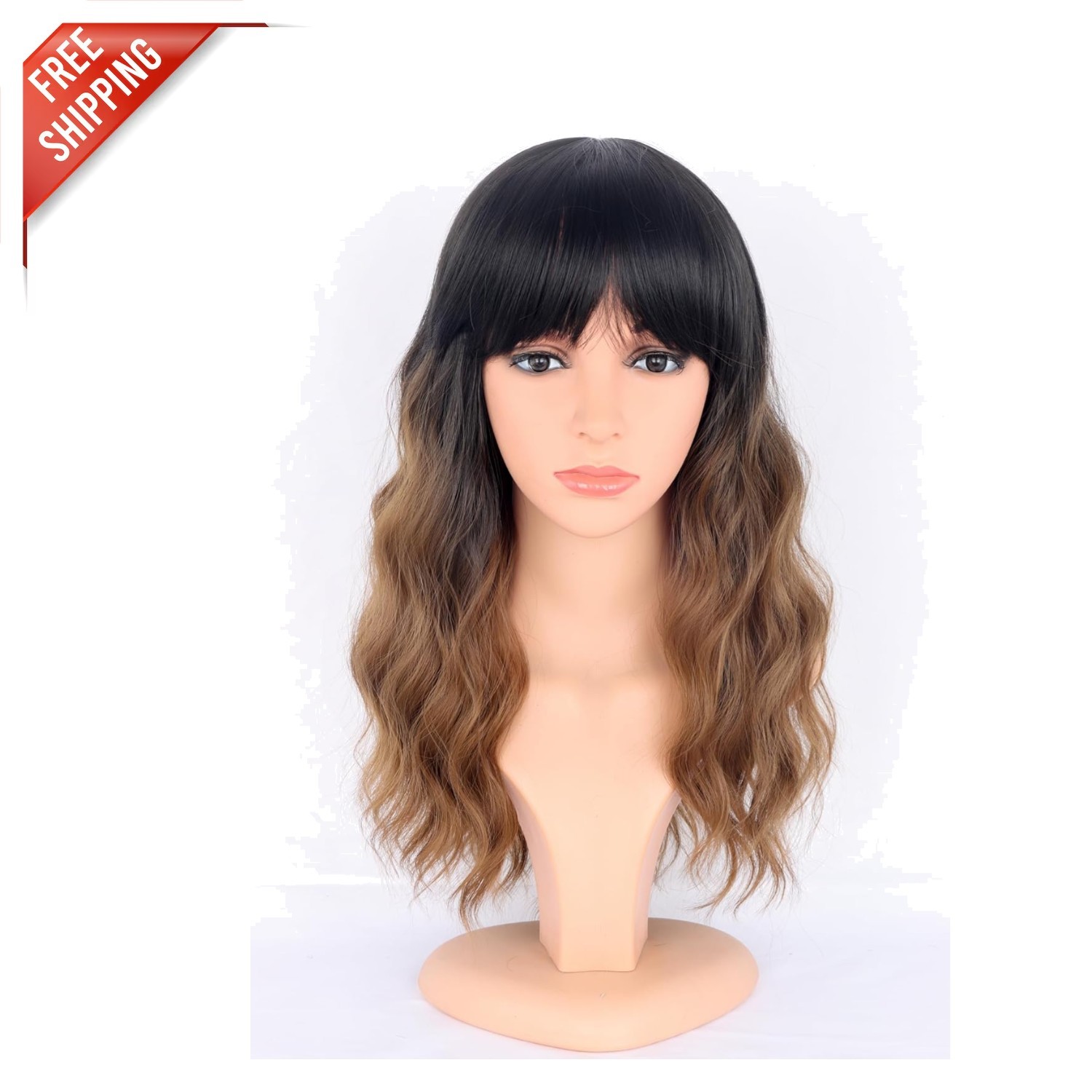 Medium Length Ombre Brown Wavy Wig with Bangs – Perfect for Parties & Daily Use