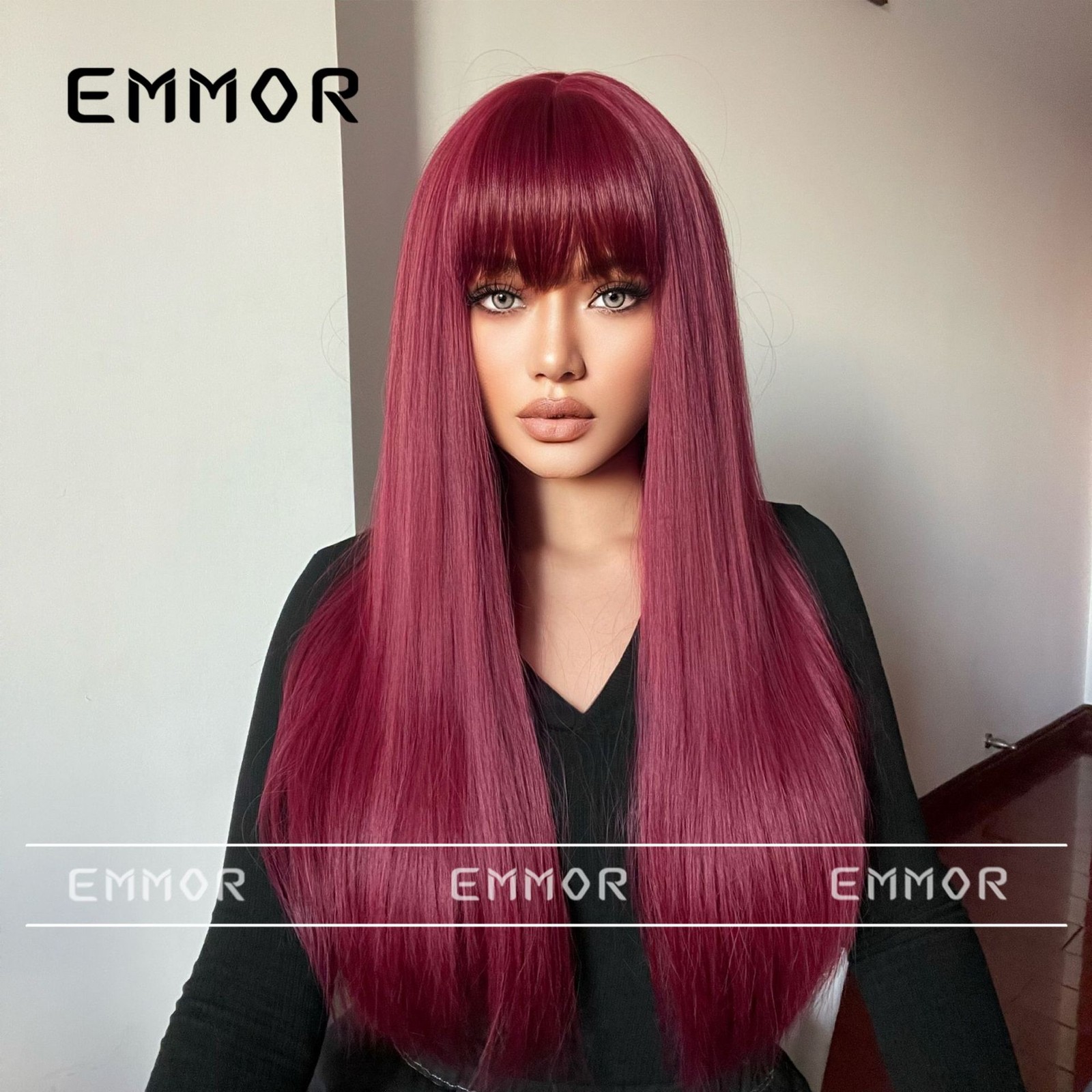 Smooth Long Straight Wig With Bangs Natural Looking Synthetic Hair For Women