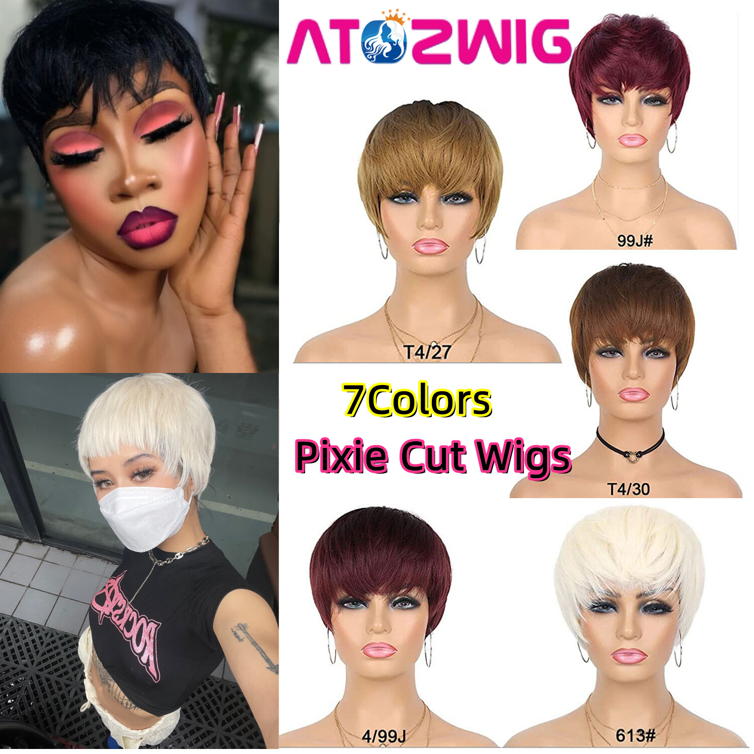 Fashion Short Cut Wigs Black White Blonde Wigs Burgundy Pixie Cut Wigs for Women