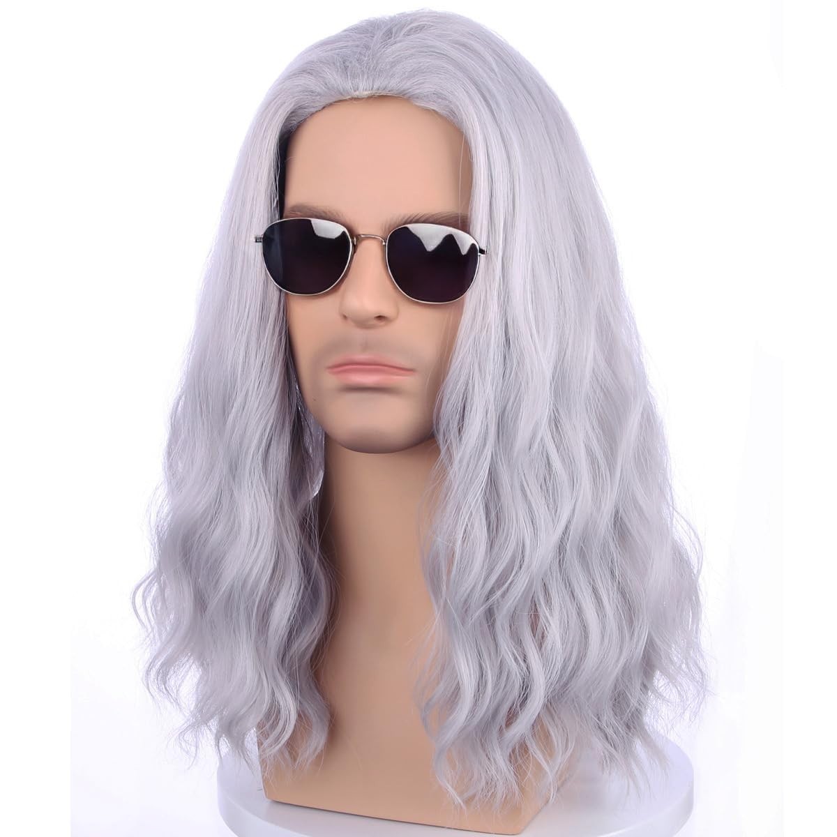 Silver Grey Long Wavy Wig for Men – Curly Cosplay & Halloween Heat-Resistant Hai