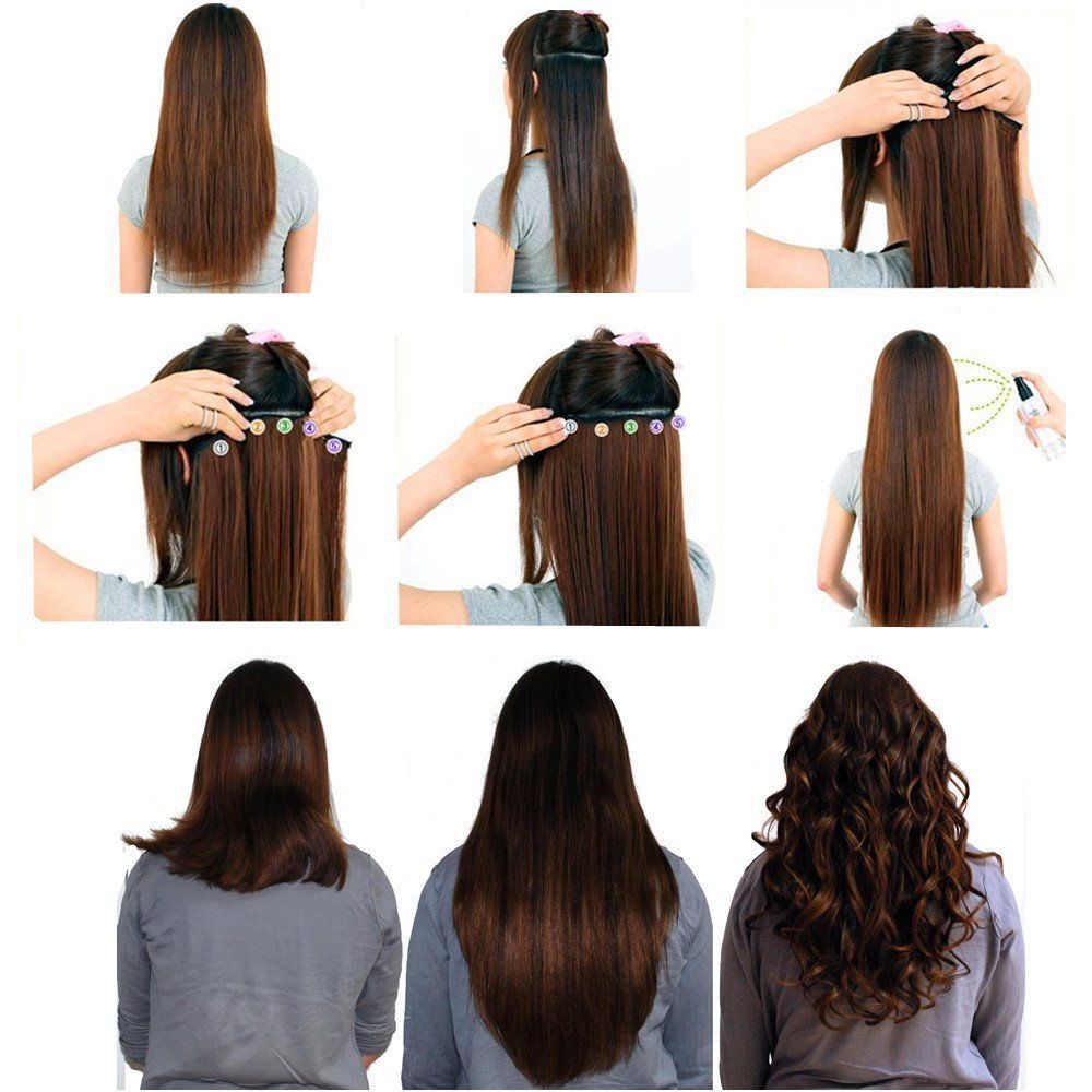 One Piece V-shape Wavy Curly Clip in Hair Extensions 5Clips Hairpiece Full Head