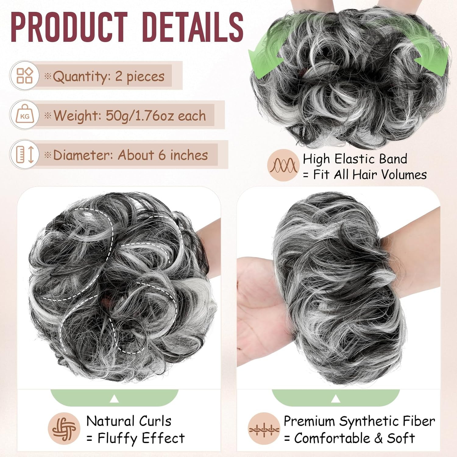 2 PCS Messy Bun Hair Piece Wavy Curly Scrunchies Synthetic Chignon Ponytail Hair