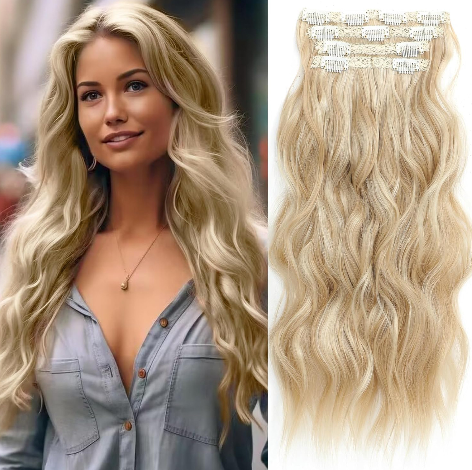 Wavy Clip in Hair Extensions 4 Pcs 20” (Light Brown Mixed Golden Blonde)