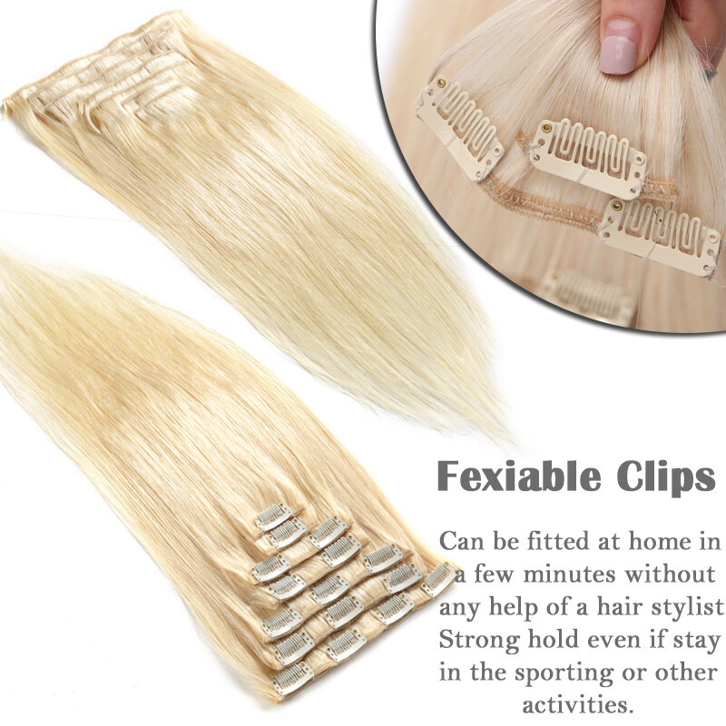 AAA+ 8pcs 16″ 18″ 20″ 22″ 24″ Clip In Real Remy Human Hair Extensions Full Head