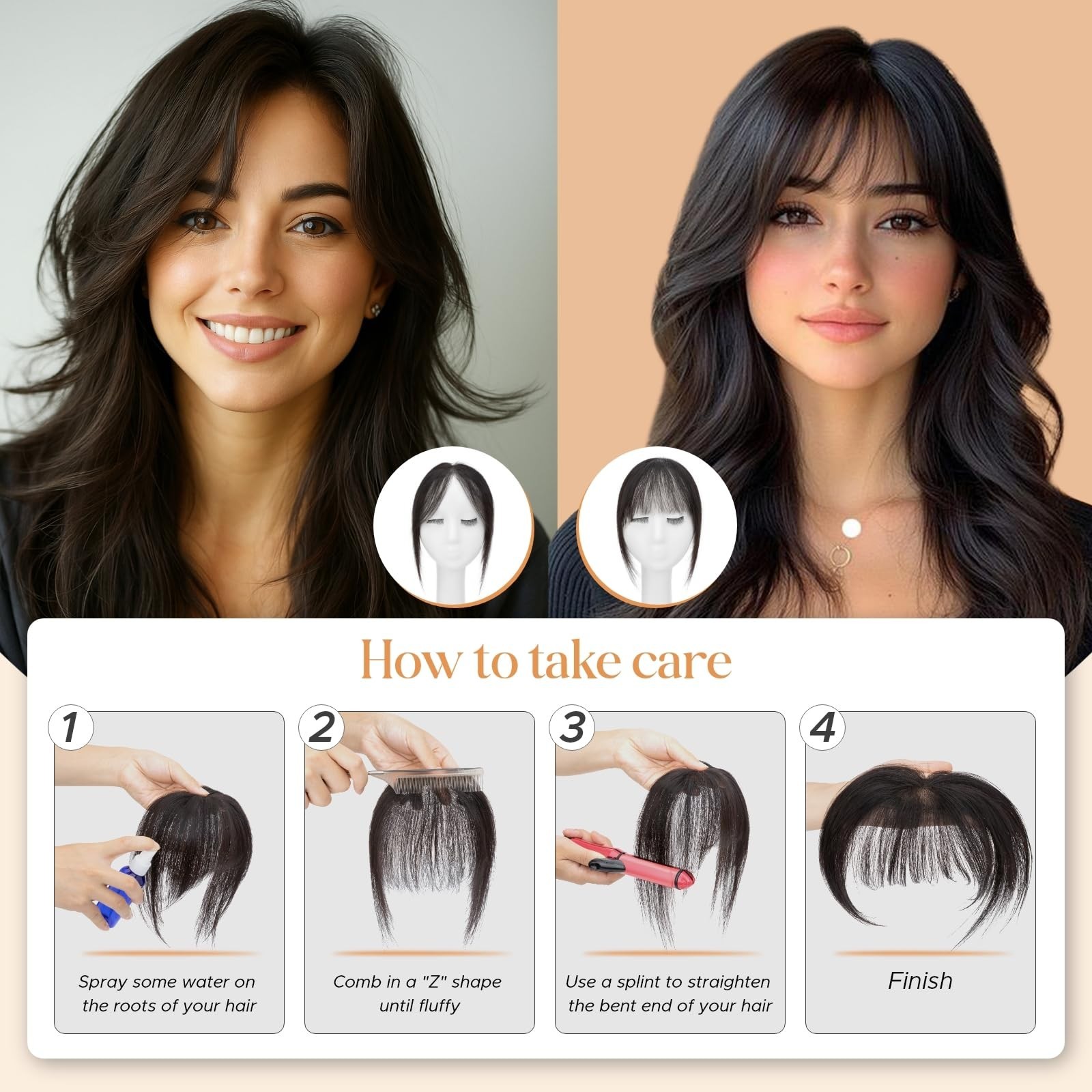 Natural Black Wispy Bangs Clip-In Human Hair Piece, No Tangle & Smooth 11g