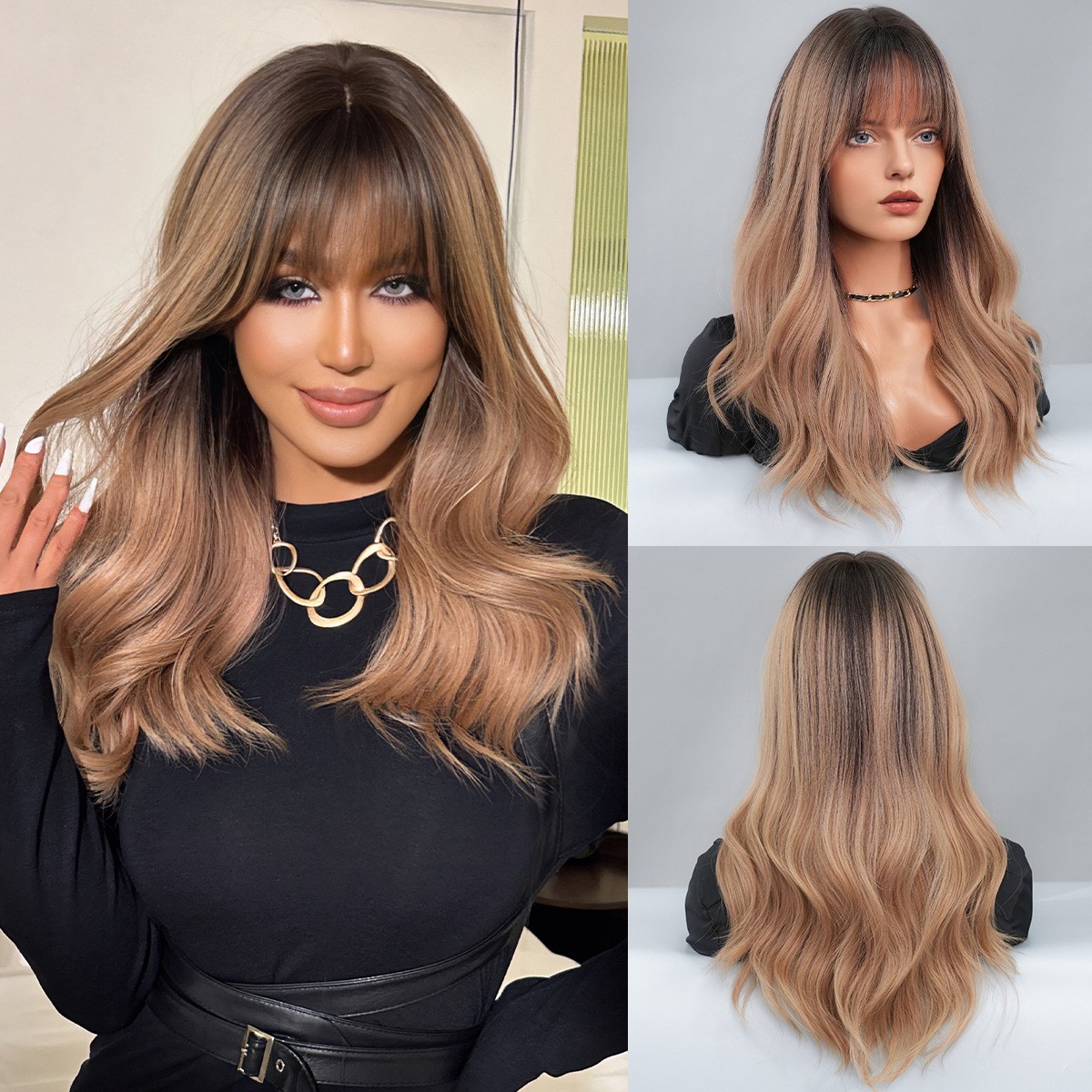 Cocoa Golden Highlights Medium Long Curly Woolly Perm Wig with Bangs Japanese