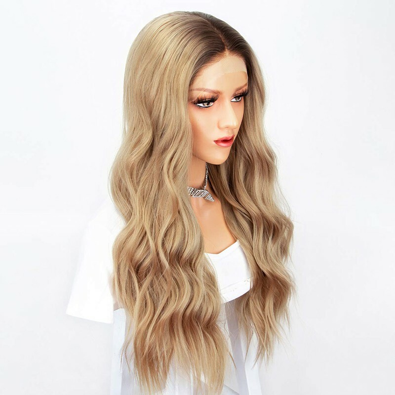 Dark Brown Root to Gold Ombre Long Wavy Curly Blonde Wig Women Synthetic Hair