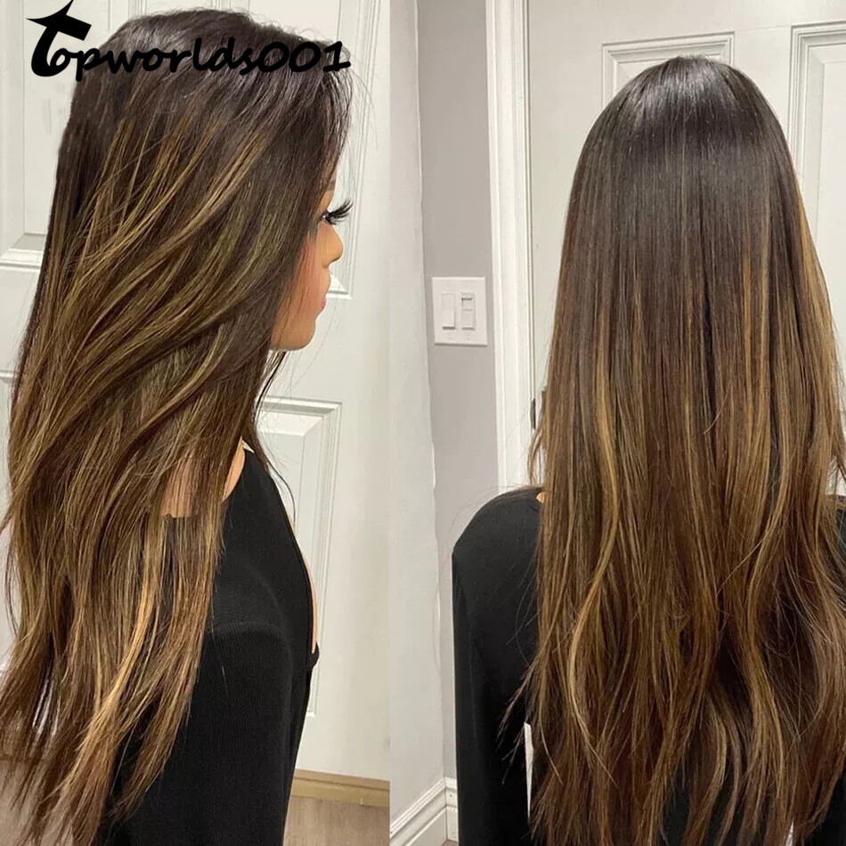 Ombre Caramel Brown Highlights 13×4 Lace Front Remy Human Hair Wigs Balayage
