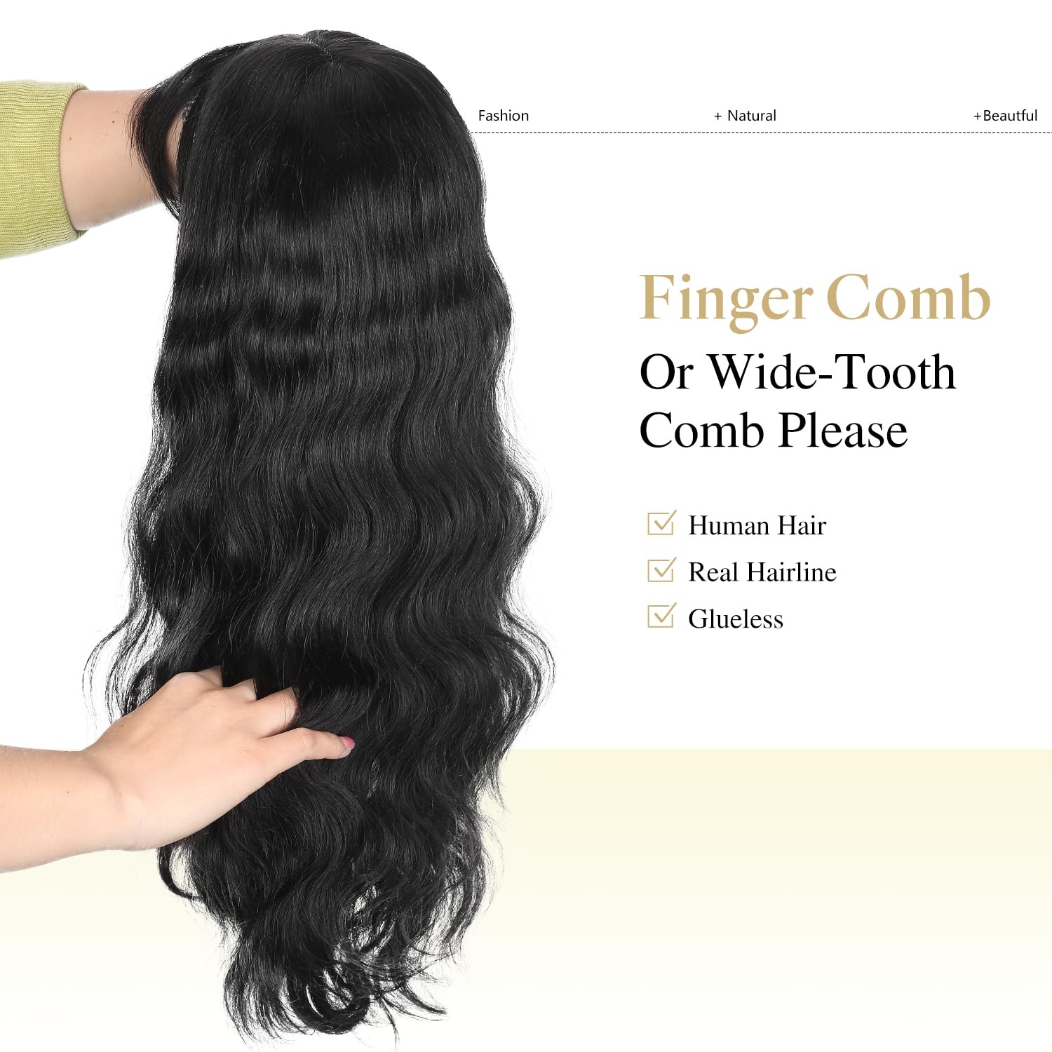 Wiger Natural Wave Human Hair Wigs Bangs Upgraded Real Hairline Black Loose